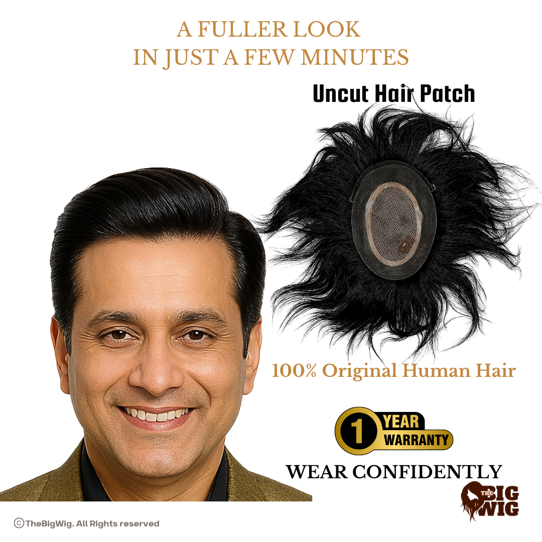 Miraj Hair Patch for Men – 100% Virgin Human Hair | Full Crown Coverage | Tissue Base & Slim PU Border | Light Wavy Style | Long-Lasting Hair Patch for Baldness