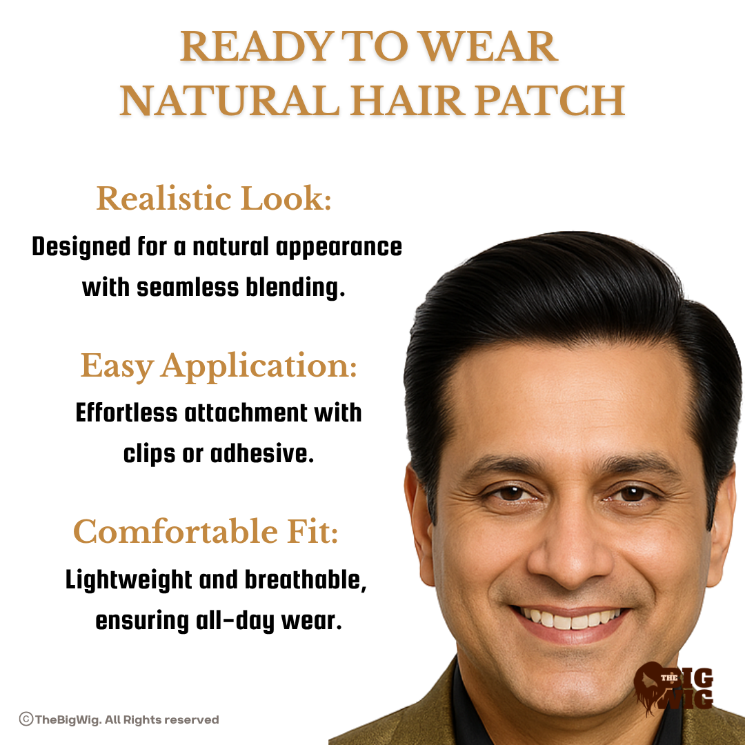 Miraj Hair Patch for Men – 100% Virgin Human Hair | Full Crown Coverage | Tissue Base & Slim PU Border | Light Wavy Style | Long-Lasting Hair Patch for Baldness
