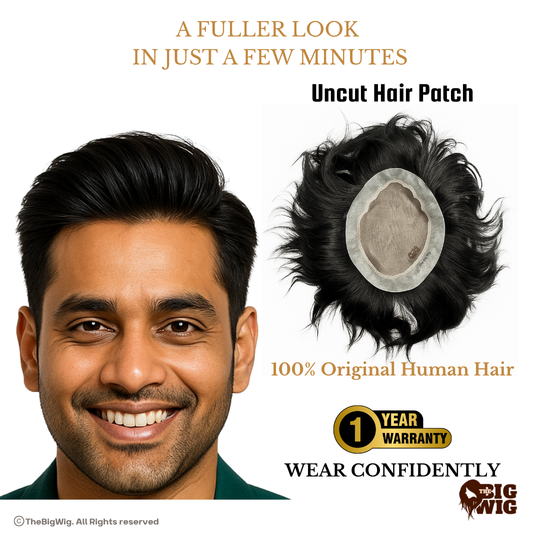 BMW Hair Patch | Mens Toupee – 100% Original Human Hair | 5X Optical Base | Transparent Slim PU Border | Hair Grade 3-A | Full Coverage for Baldness