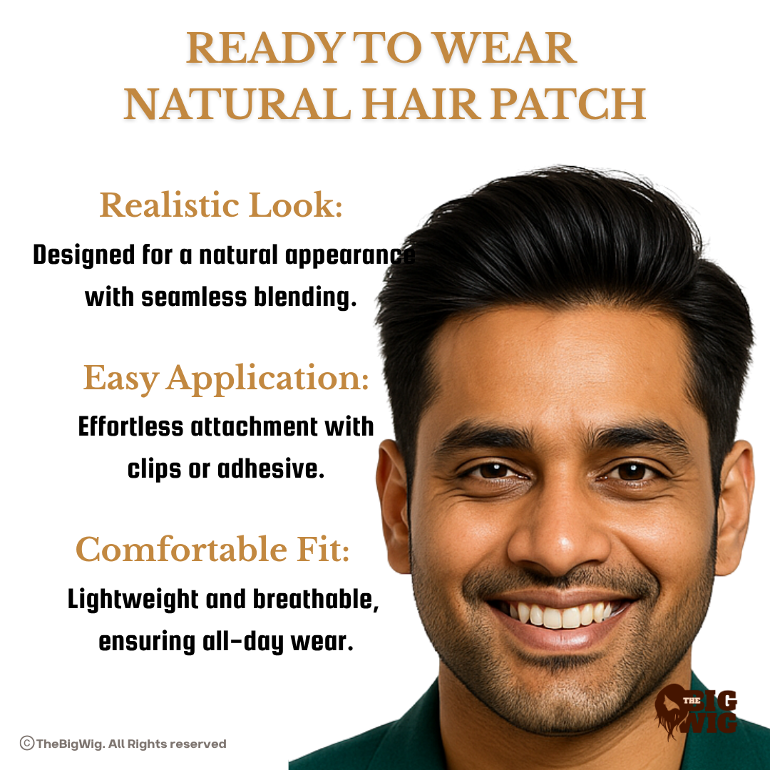 BMW Hair Patch | Mens Toupee – 100% Original Human Hair | 5X Optical Base | Transparent Slim PU Border | Hair Grade 3-A | Full Coverage for Baldness