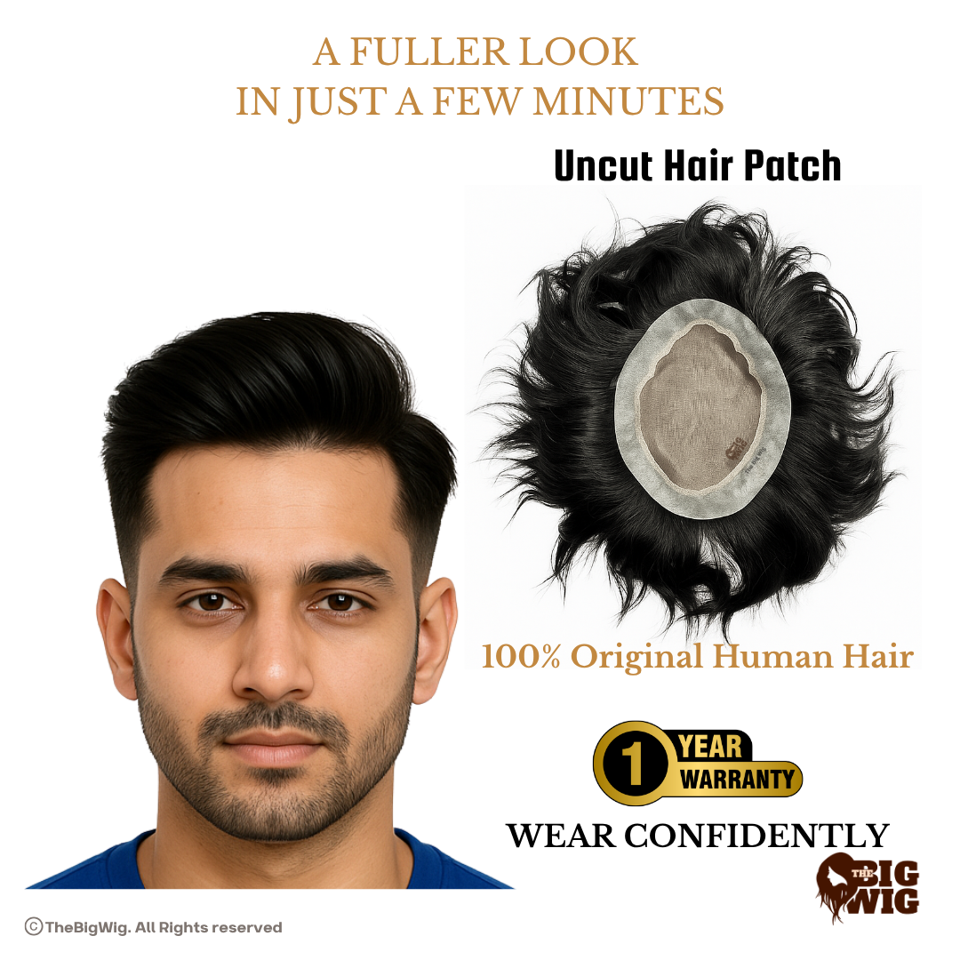 BMW Hair Patch | Permanent Hair Wigs for Men – 100% Human Hair | Medium Density | Optical Base & Transparent PU Border | Hair Grade 4-A for Natural Fullness