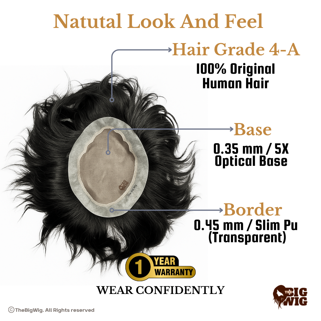 BMW Hair Patch | Permanent Hair Wigs for Men – 100% Human Hair | Medium Density | Optical Base & Transparent PU Border | Hair Grade 4-A for Natural Fullness