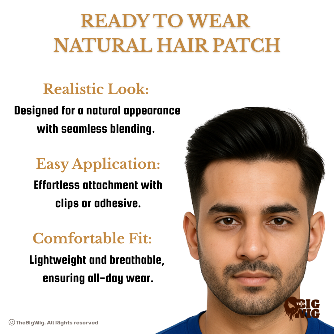 BMW Hair Patch | Permanent Hair Wigs for Men – 100% Human Hair | Medium Density | Optical Base & Transparent PU Border | Hair Grade 4-A for Natural Fullness