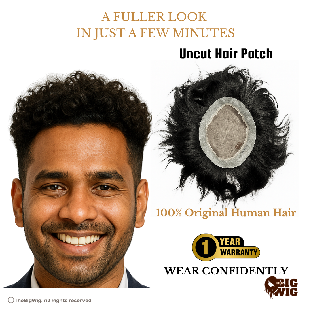 Curly Hair Wig | BMW Hair Patch – 100% Original Human Hair | Grade 9-A | High-Density Curls | Optical Base & Transparent Slim PU Border | Full Crown Hair System for Men