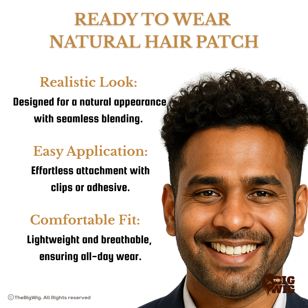 Curly Hair Wig | BMW Hair Patch – 100% Original Human Hair | Grade 9-A | High-Density Curls | Optical Base & Transparent Slim PU Border | Full Crown Hair System for Men