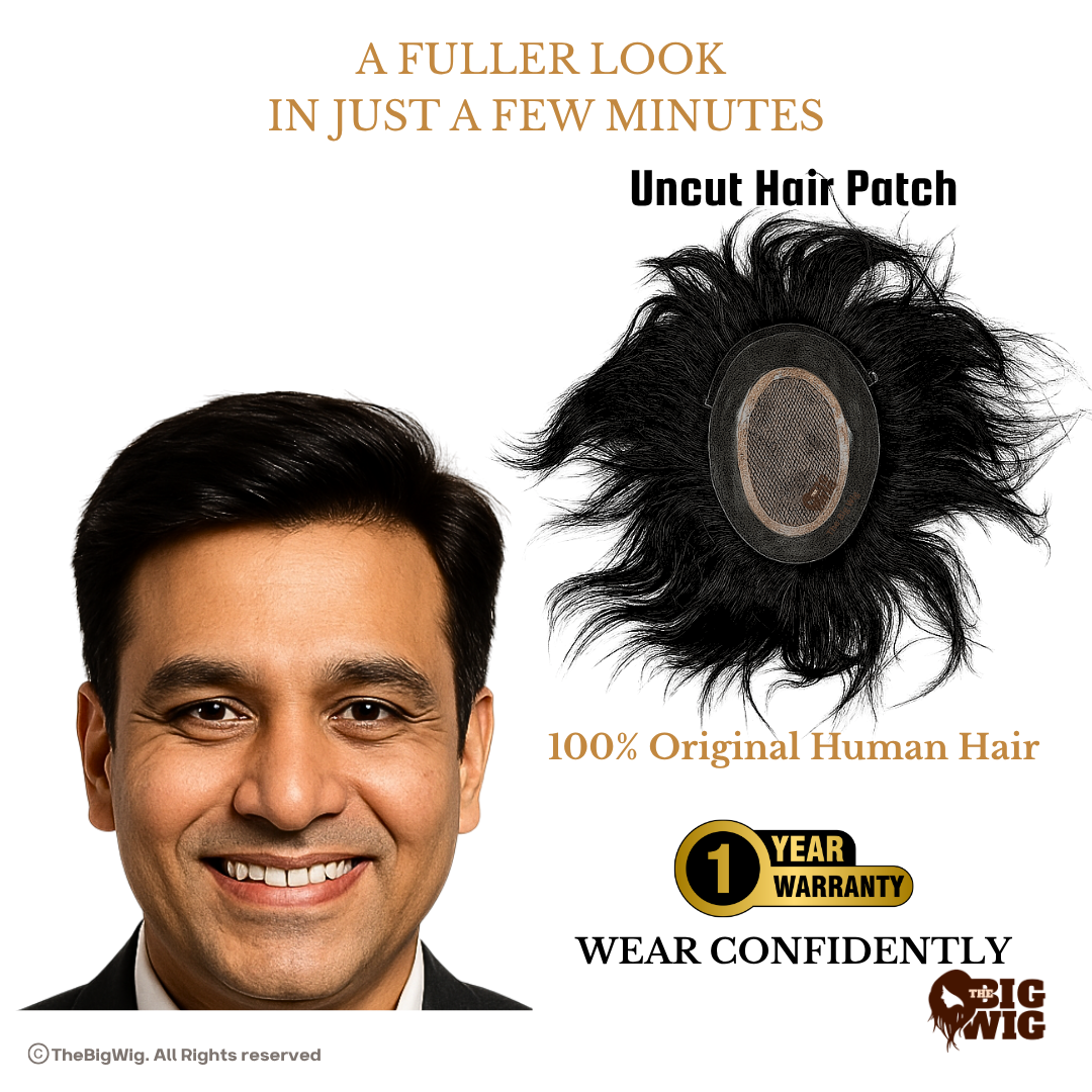 Skin Mirage Patch for Men – 100% Original Human Hair | Full Crown Coverage | 5D Tissue Base with Transparent PU Border | Light Wavy | 2-Year Durable Hair Patch for Baldness