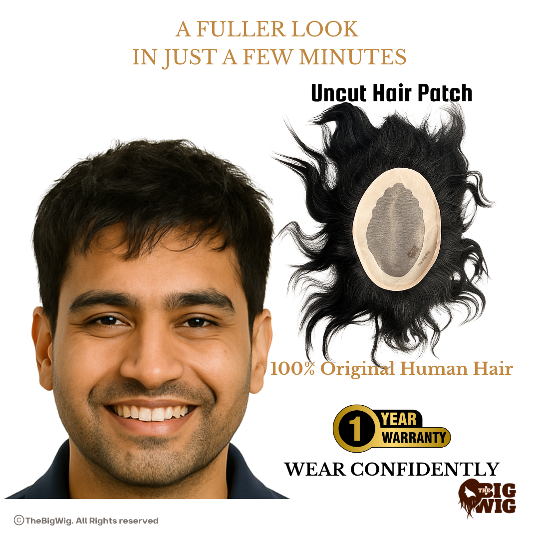 Men Hair Patch | Wigs for Men Short Hair – 100% Human Hair | Straight Hair Texture | Real-Look Hair System | Non-Surgical Baldness Solution