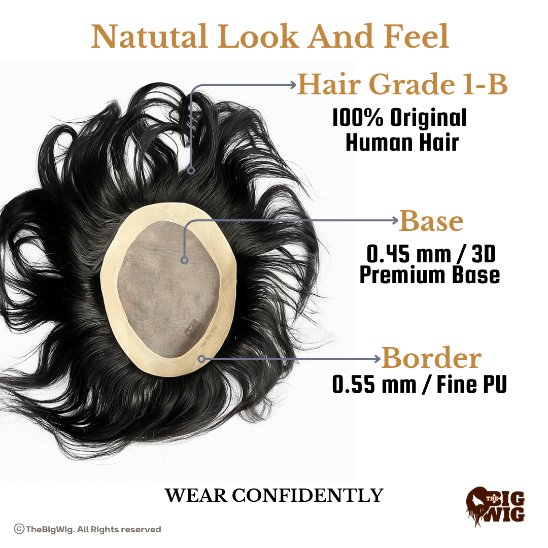 Human Hair Wigs for Men | Artificial Hair Wig for Men – 100% Original Human Hair | Premium 3D Base | Grade 1-B Quality | Fine PU Border | Real-Look Hair System