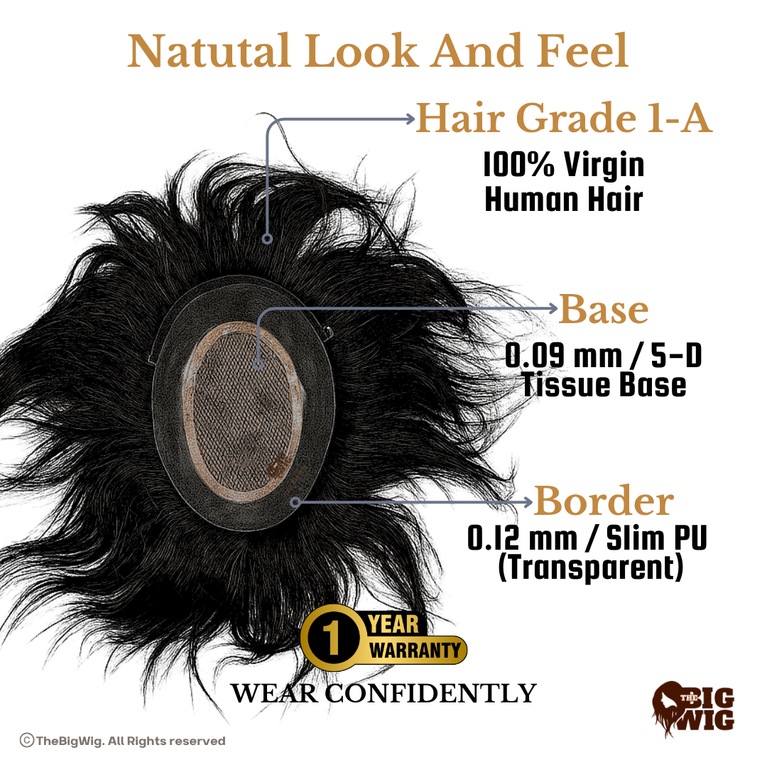 Skin Mirage Patch for Men – 100% Original Human Hair | Full Crown Coverage | 5D Tissue Base with Transparent PU Border | Light Wavy | 2-Year Durable Hair Patch for Baldness