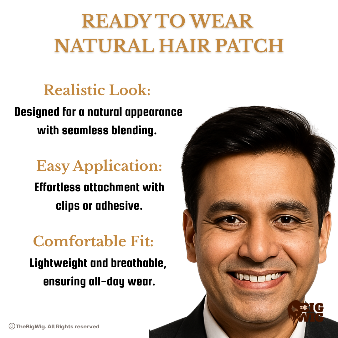 Skin Mirage Patch for Men – 100% Original Human Hair | Full Crown Coverage | 5D Tissue Base with Transparent PU Border | Light Wavy | 2-Year Durable Hair Patch for Baldness