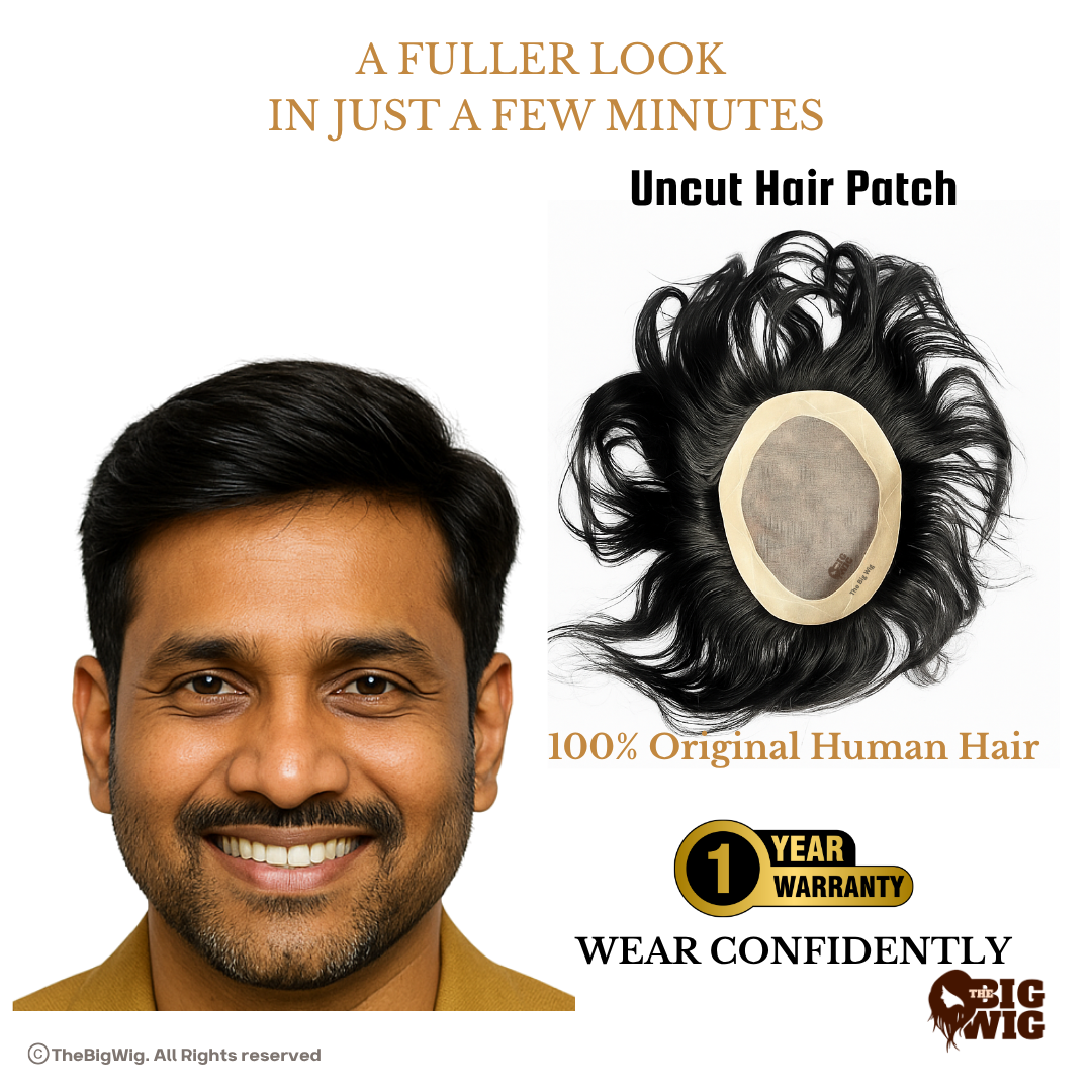 Hair Pieces for Men | Hair Fixing for Men – 100% Human Hair | Real-Look Patch | Non-Surgical Full Crown Coverage | Breathable Base & Skin-Blending PU Border