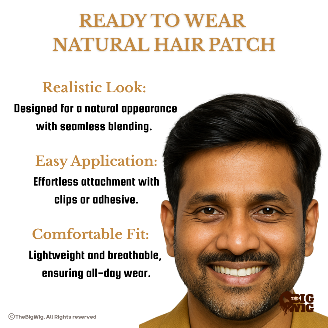 Hair Pieces for Men | Hair Fixing for Men – 100% Human Hair | Real-Look Patch | Non-Surgical Full Crown Coverage | Breathable Base & Skin-Blending PU Border