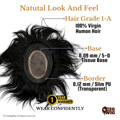 Miraj Hair Patch for Men – 100% Virgin Human Hair | Full Crown Coverage | Tissue Base & Slim PU Border | Light Wavy Style | Long-Lasting Hair Patch for Baldness