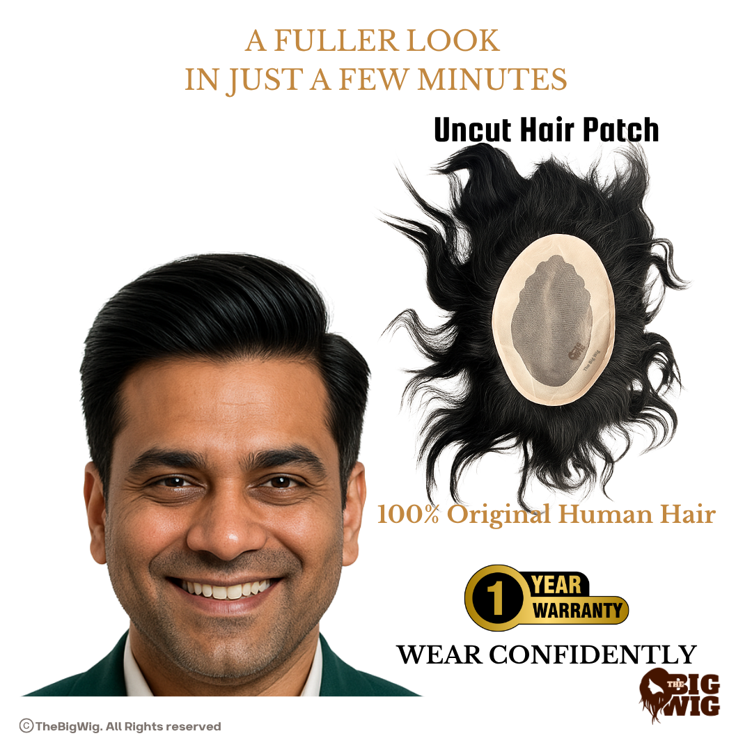 Natural Hair Patch for Men – 100% Original Human Hair | Strong 3X Base | Hair Grade 3-A | Fine PU Border | Durable, Realistic Hair System for Daily Wear