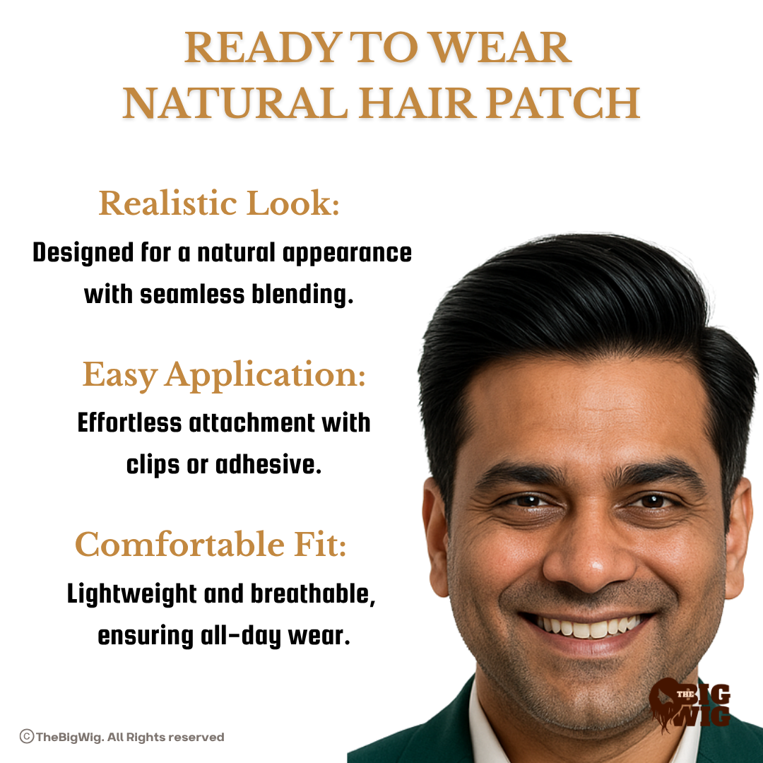 Natural Hair Patch for Men – 100% Original Human Hair | Strong 3X Base | Hair Grade 3-A | Fine PU Border | Durable, Realistic Hair System for Daily Wear