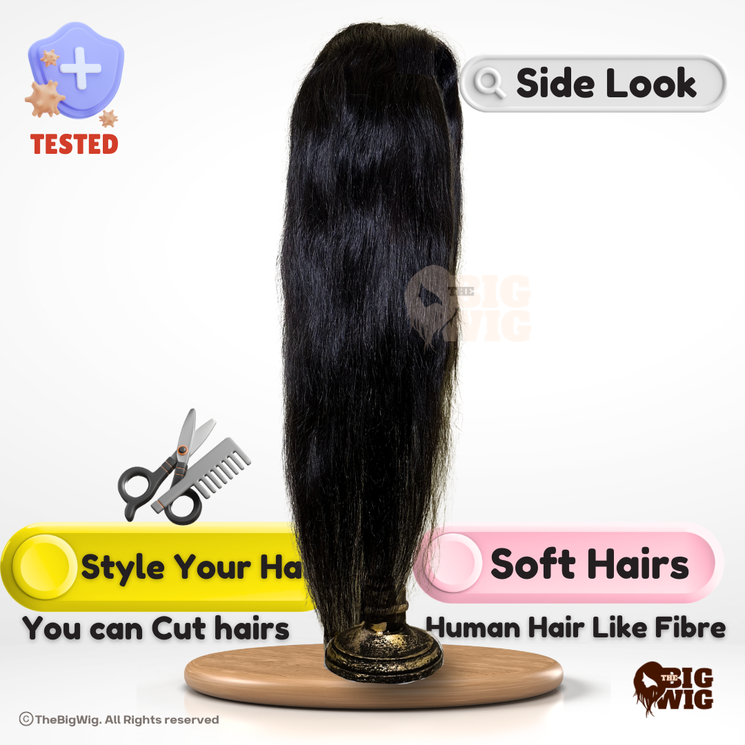 Different styling options available with the long human hair wig.
