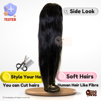 Different styling options available with the long human hair wig.
